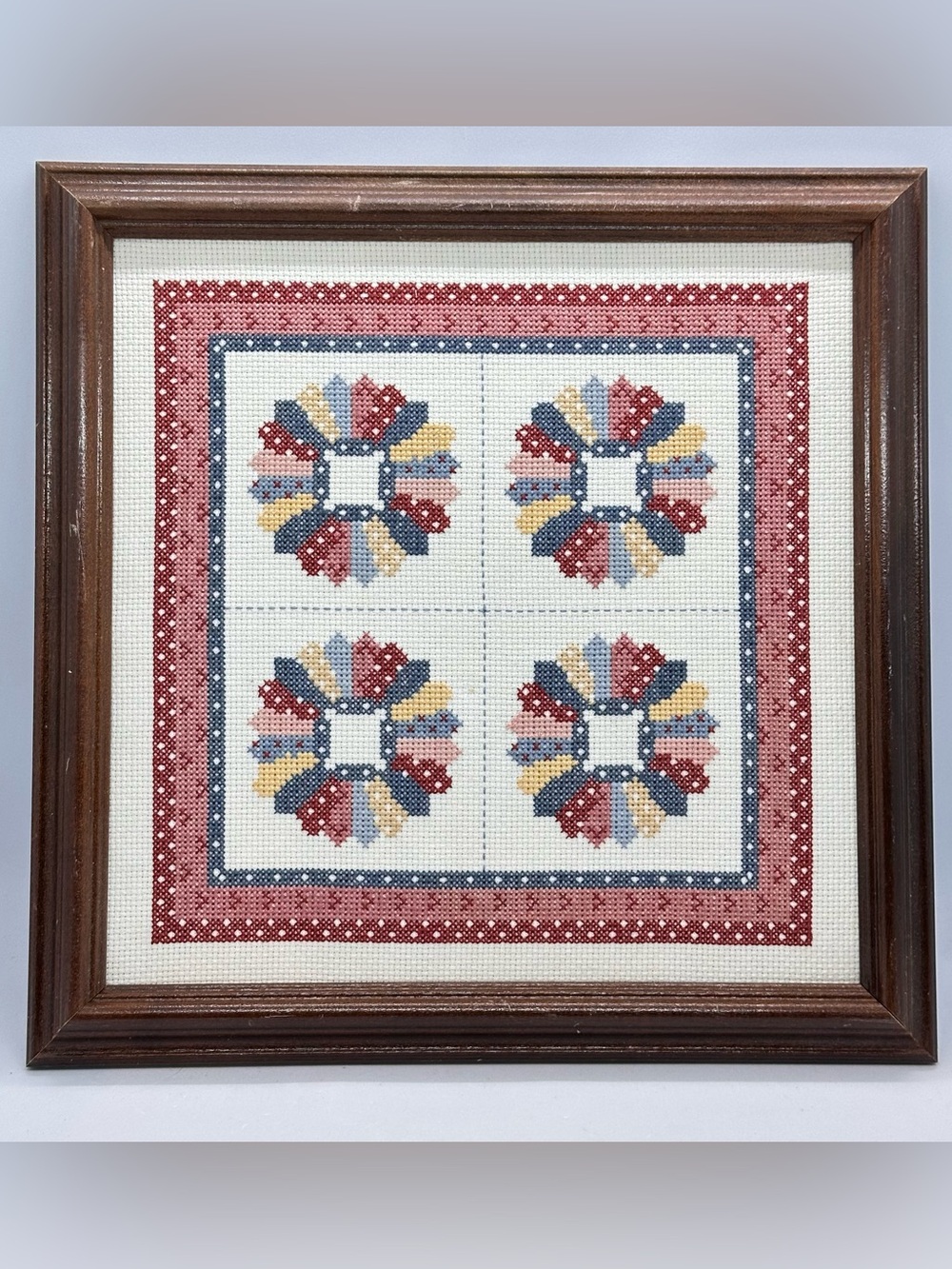 Framed Cross Stitch Quilt Blocks Handmade Wall Hanging CottagecoreGrannycore VTG